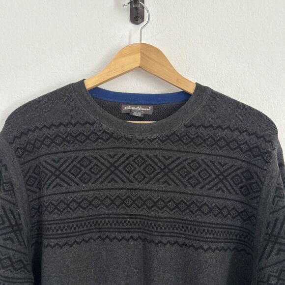 Eddie Bauer Cotton Sweater Charcoal Grey w Black Geometric Pullover UK Sz L Tall - Picture 5 of 8